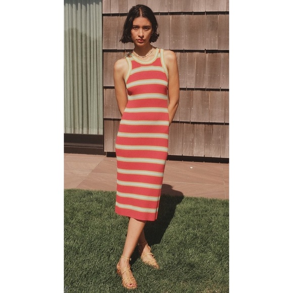 Mother The Chin Ups Midi Dress large Red Mint Stripe Knit Stretch Sleeveless - Picture 1 of 11